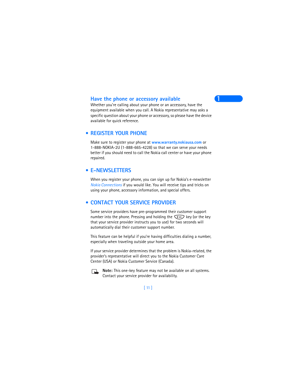 Have the phone or accessory available, Register your phone, E-newsletters | Contact your service provider | Nokia 6370 User Manual | Page 18 / 192