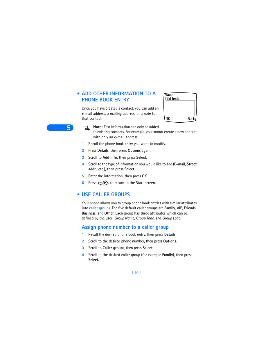 Add other information to a phone book entry, Use caller groups, Assign phone number to a caller group | Nokia 6370 User Manual | Page 57 / 192