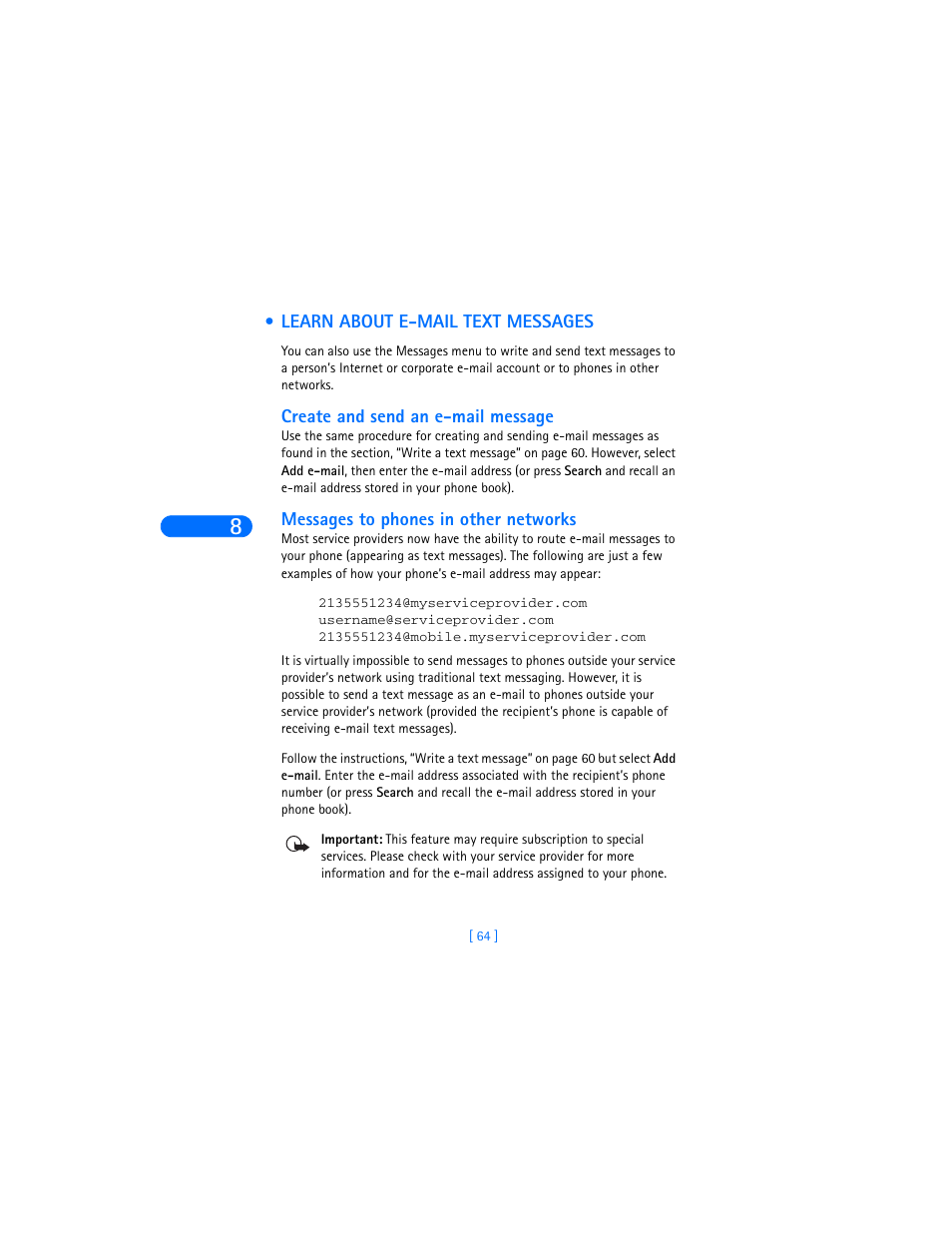 Learn about e-mail text messages, Create and send an e-mail message, Messages to phones in other networks | Nokia 6370 User Manual | Page 71 / 192
