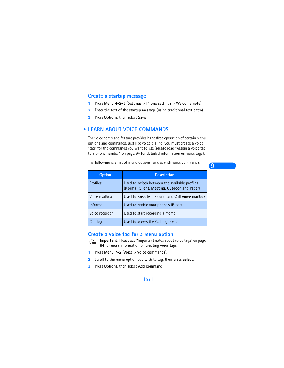 Create a startup message, Learn about voice commands, Create a voice tag for a menu option | Nokia 6370 User Manual | Page 90 / 192
