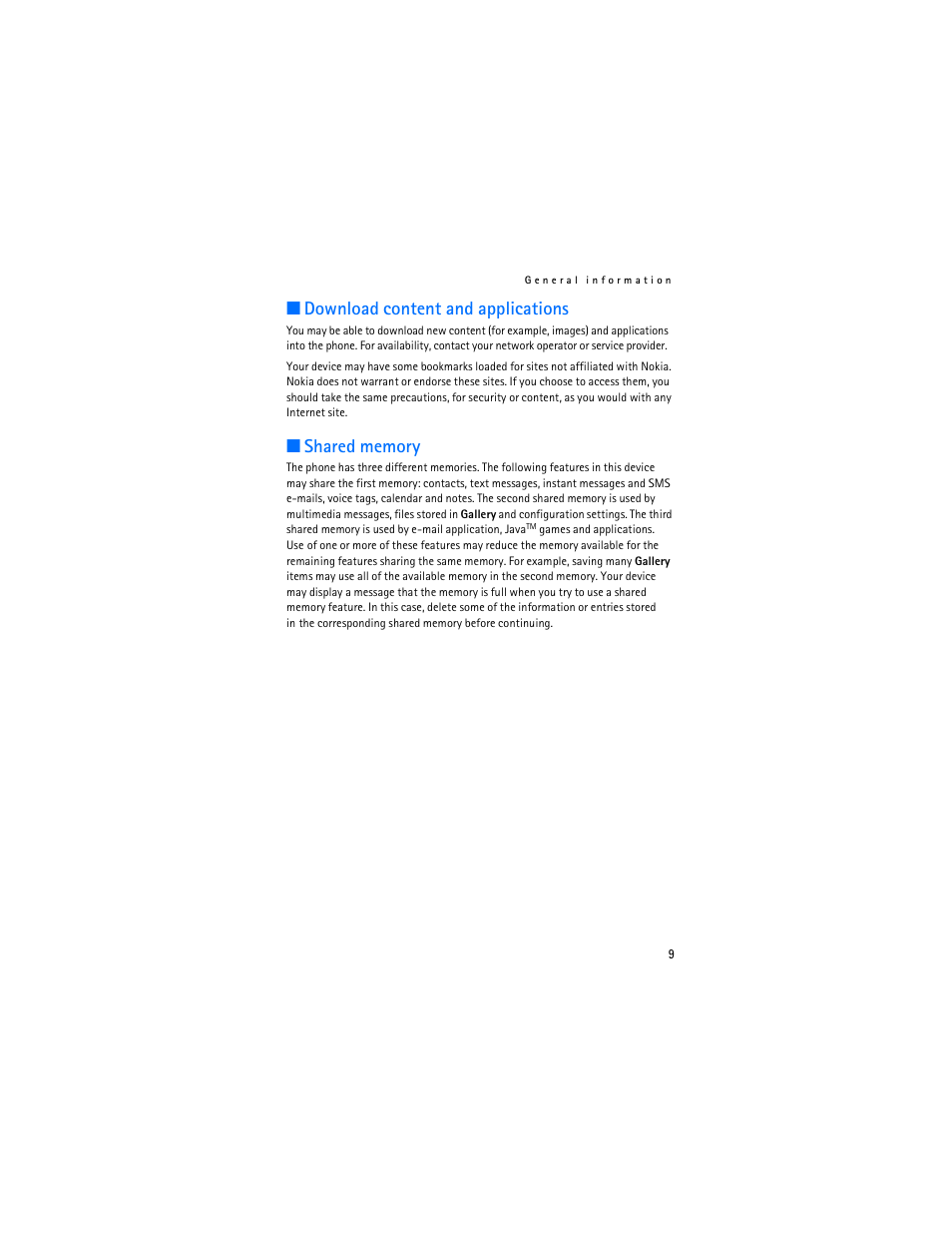 Download content and applications, Shared memory, Download content and applications 9 shared memory | Nokia 6030 User Manual | Page 10 / 129