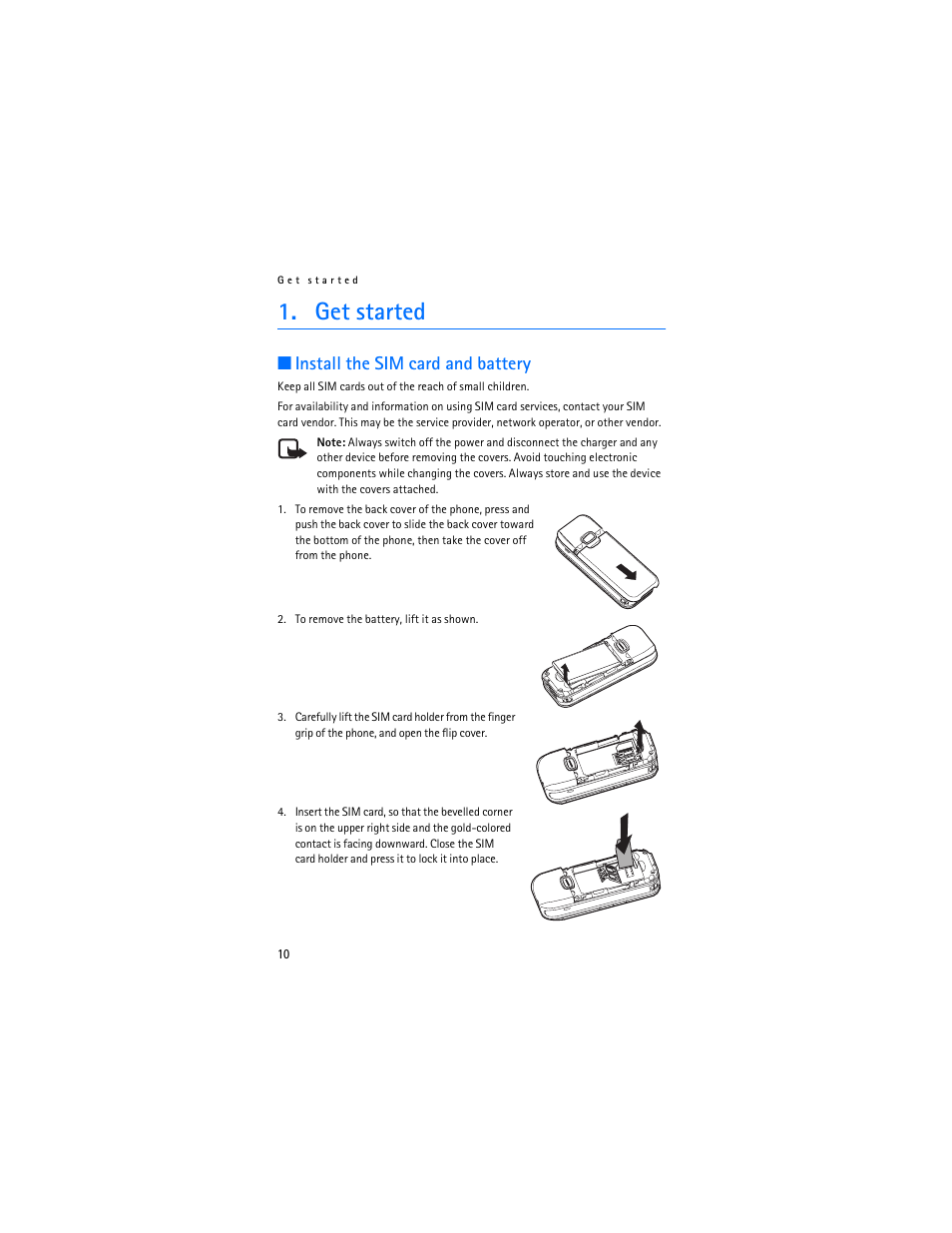 Get started, Install the sim card and battery | Nokia 6030 User Manual | Page 11 / 129