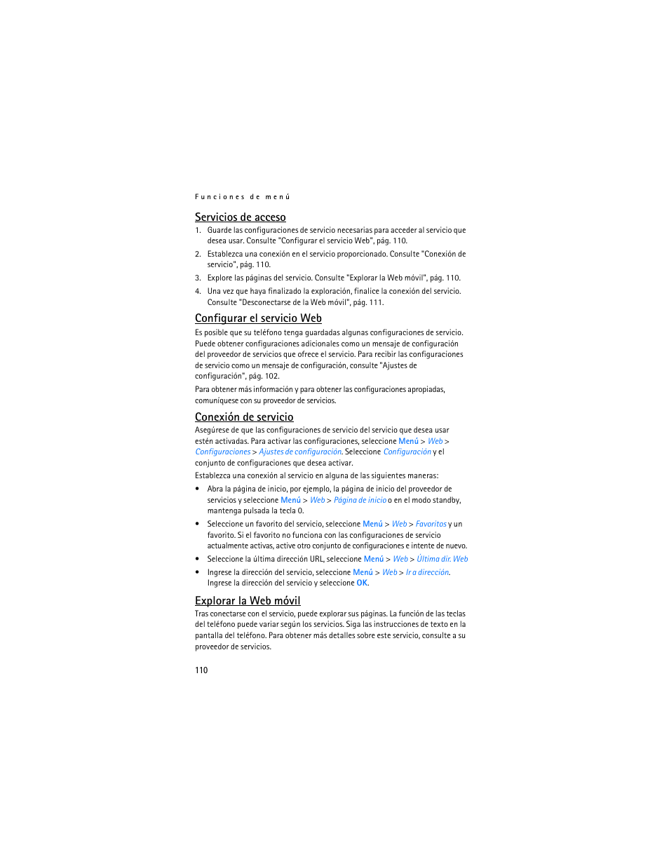 Servicios de acceso, Configurar el servicio web, Conexión de servicio | Explorar la web móvil, Explorar la web móvil", pág. 110 | Nokia 6030 User Manual | Page 111 / 129