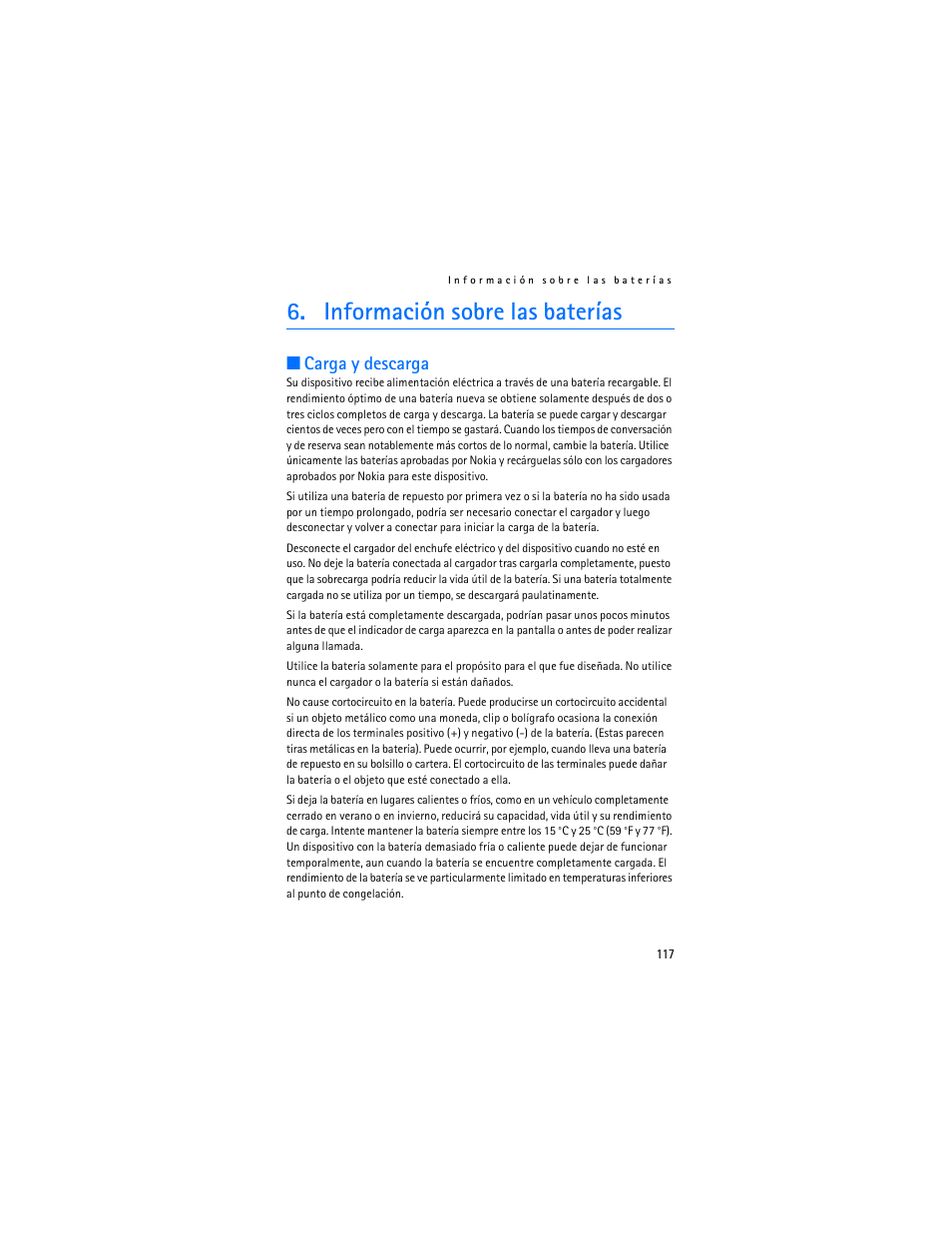 Información sobre las baterías, Carga y descarga | Nokia 6030 User Manual | Page 118 / 129