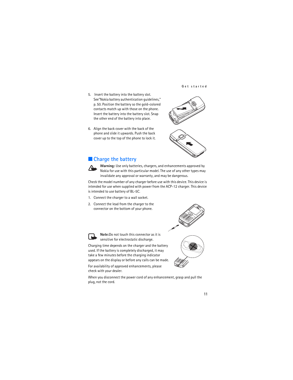 Charge the battery | Nokia 6030 User Manual | Page 12 / 129