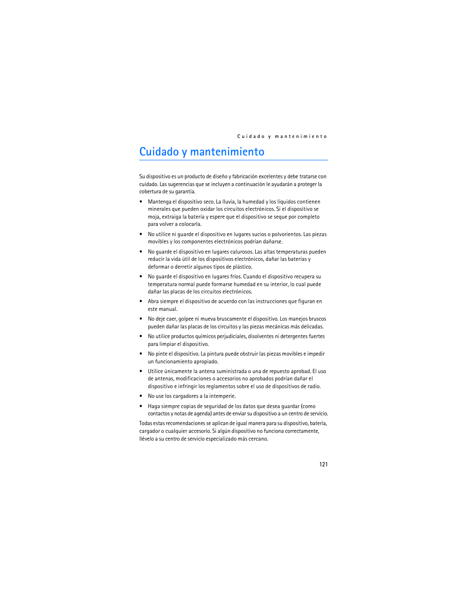 Cuidado y mantenimiento | Nokia 6030 User Manual | Page 122 / 129