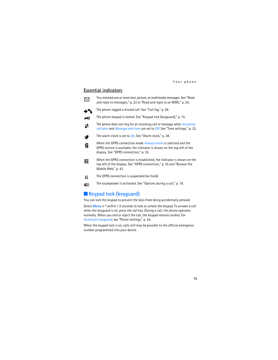 Essential indicators, Keypad lock (keyguard) | Nokia 6030 User Manual | Page 16 / 129