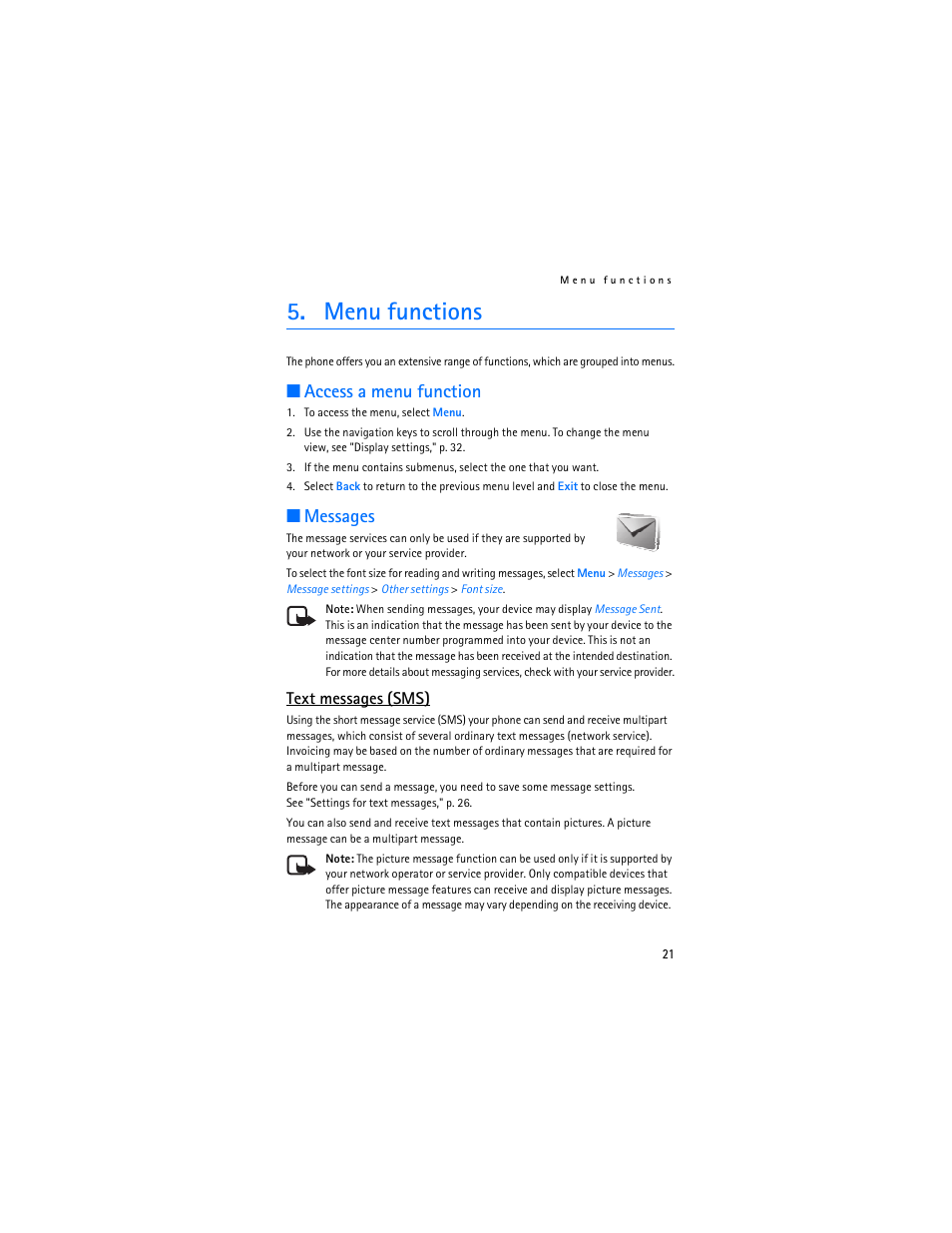 Menu functions, Access a menu function, Messages | Text messages (sms), Access a menu function messages | Nokia 6030 User Manual | Page 22 / 129