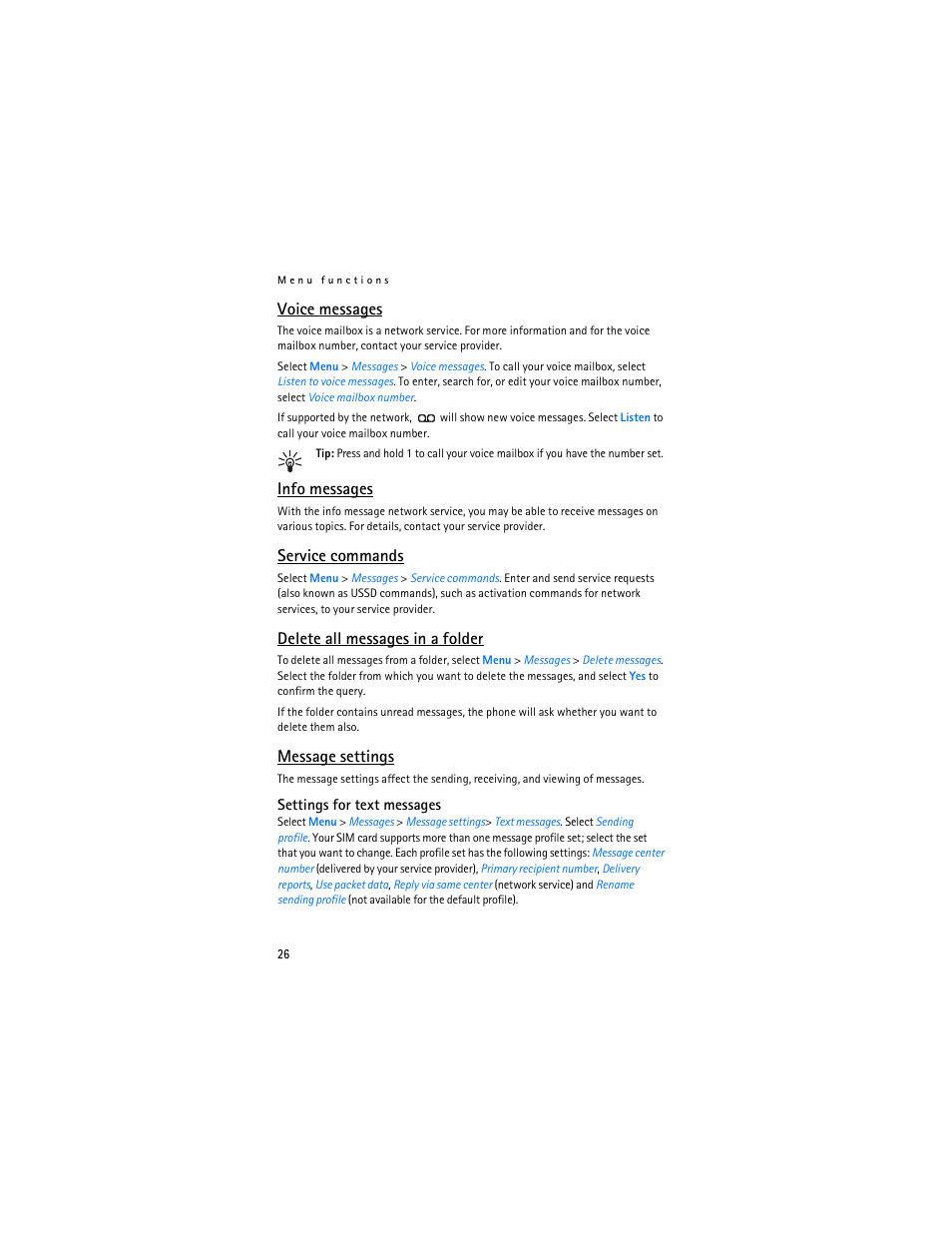 Voice messages, Info messages, Service commands | Delete all messages in a folder, Message settings, Also "voice messages," p. 26, Settings for text messages," p. 26 | Nokia 6030 User Manual | Page 27 / 129