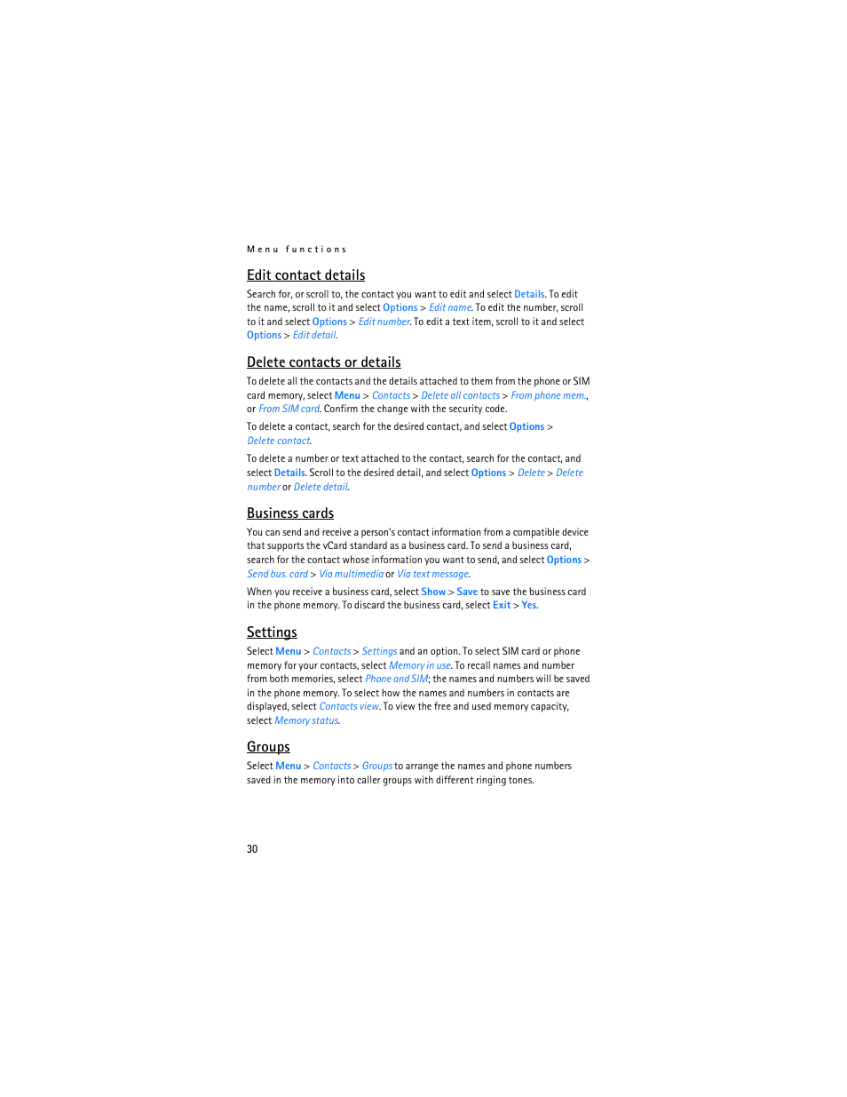 Edit contact details, Delete contacts or details, Business cards | Settings, Groups | Nokia 6030 User Manual | Page 31 / 129