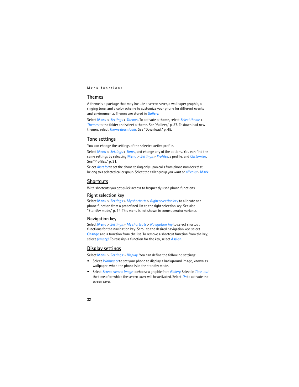 Themes, Tone settings, Shortcuts | Display settings, Themes tone settings shortcuts display settings, Tone settings," p. 32 | Nokia 6030 User Manual | Page 33 / 129