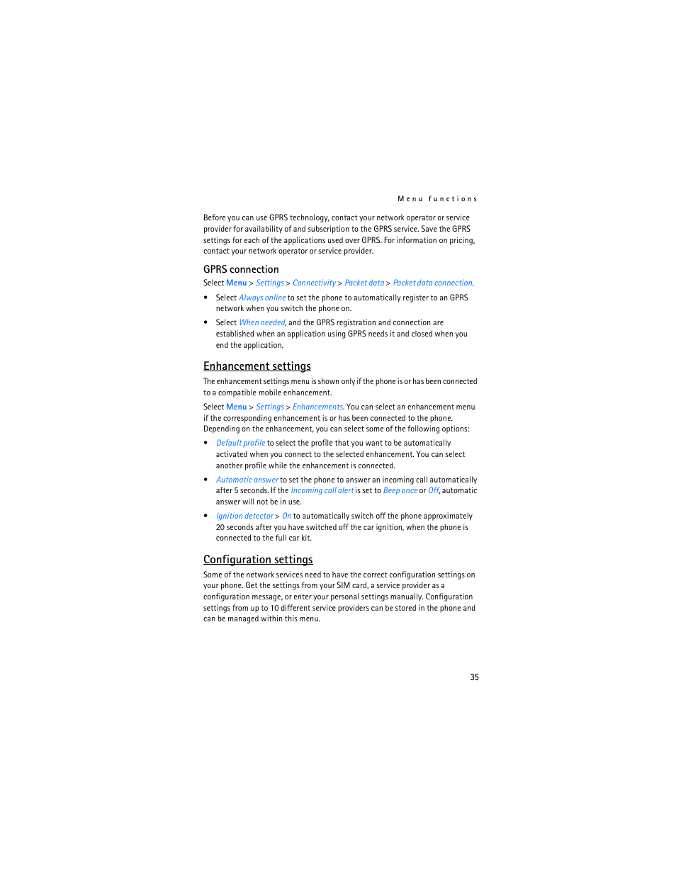Enhancement settings, Configuration settings, Gprs connection," p. 35 | Gprs connection," p. 35 a | Nokia 6030 User Manual | Page 36 / 129