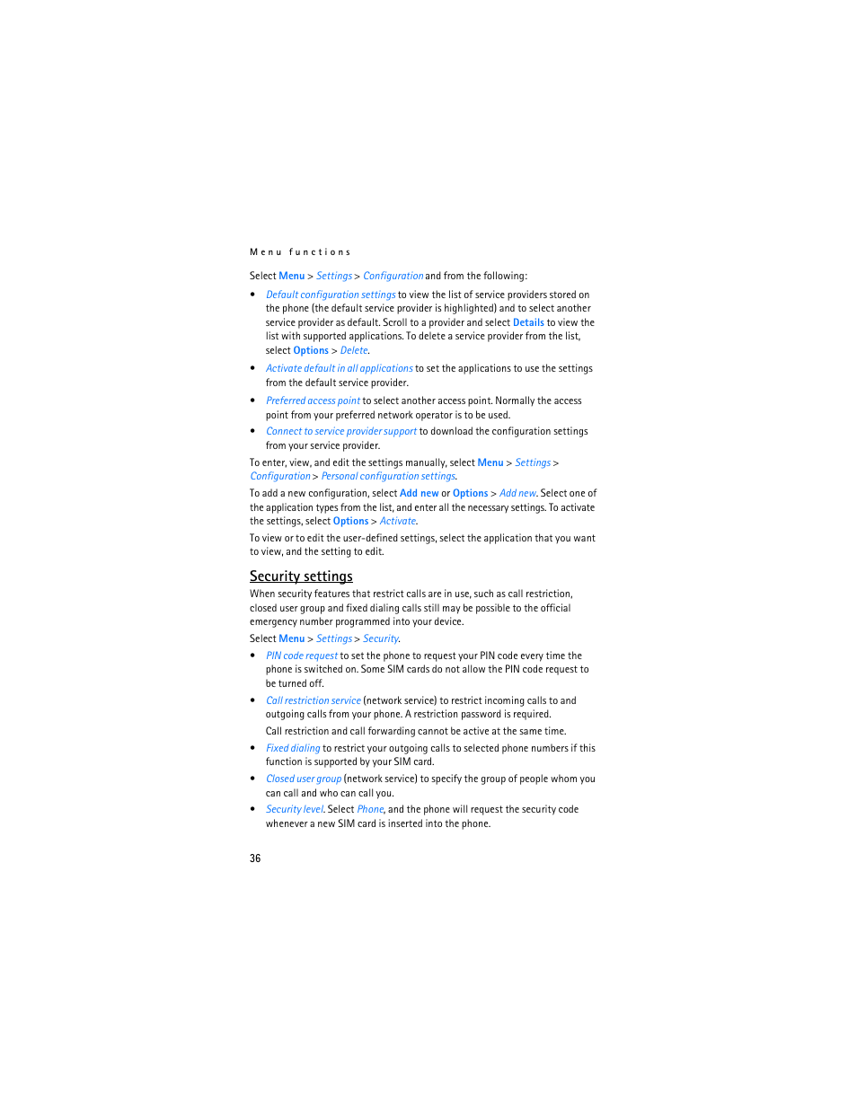 Security settings, Security settings," p. 36 | Nokia 6030 User Manual | Page 37 / 129