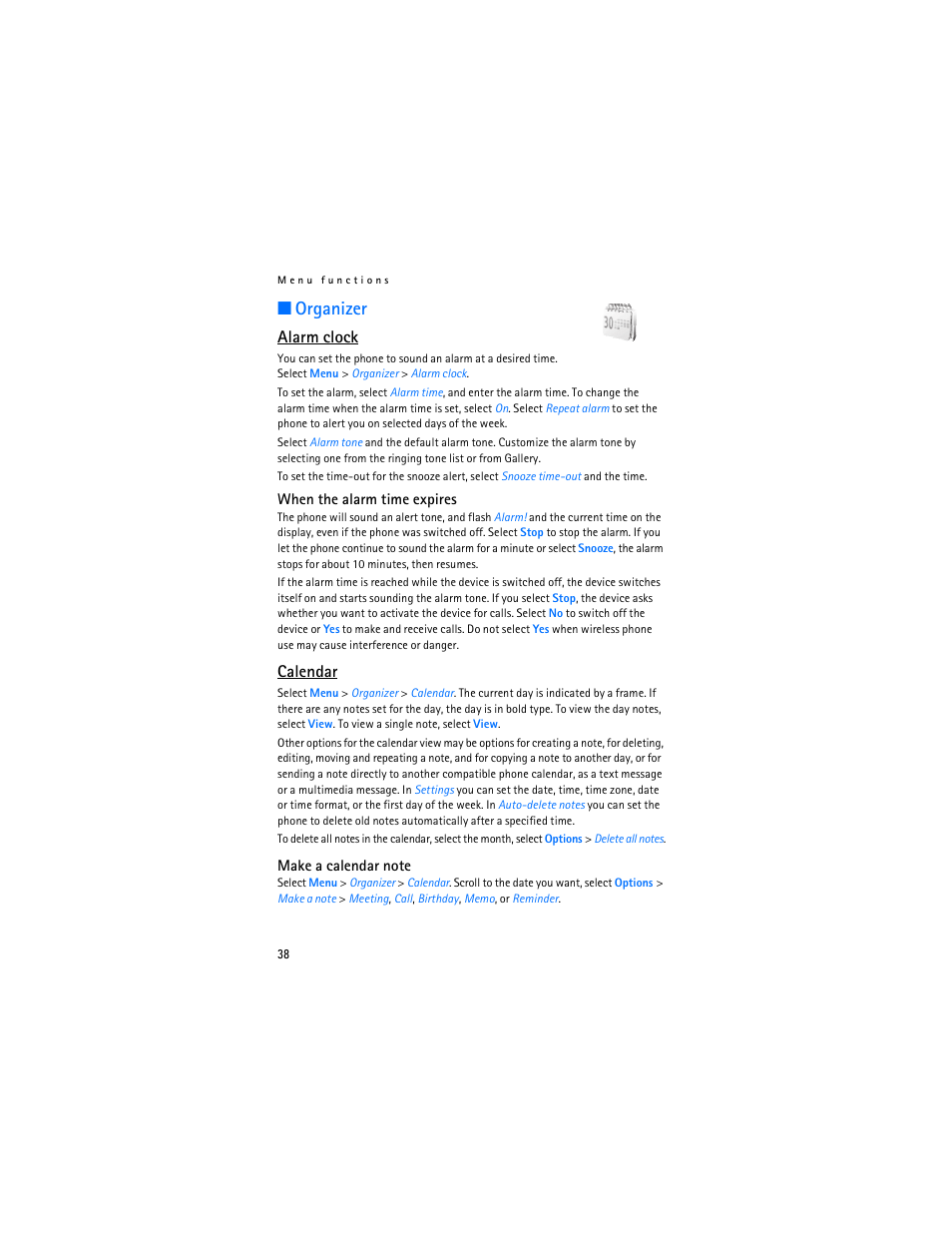 Organizer, Alarm clock, Calendar | Alarm clock calendar, Alarm clock," p. 38 | Nokia 6030 User Manual | Page 39 / 129