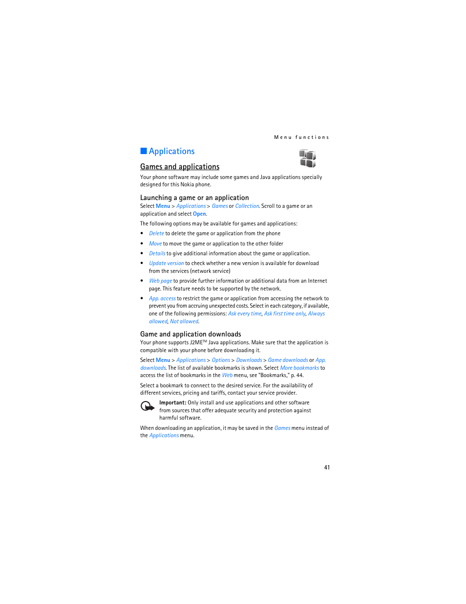 Applications, Games and applications | Nokia 6030 User Manual | Page 42 / 129