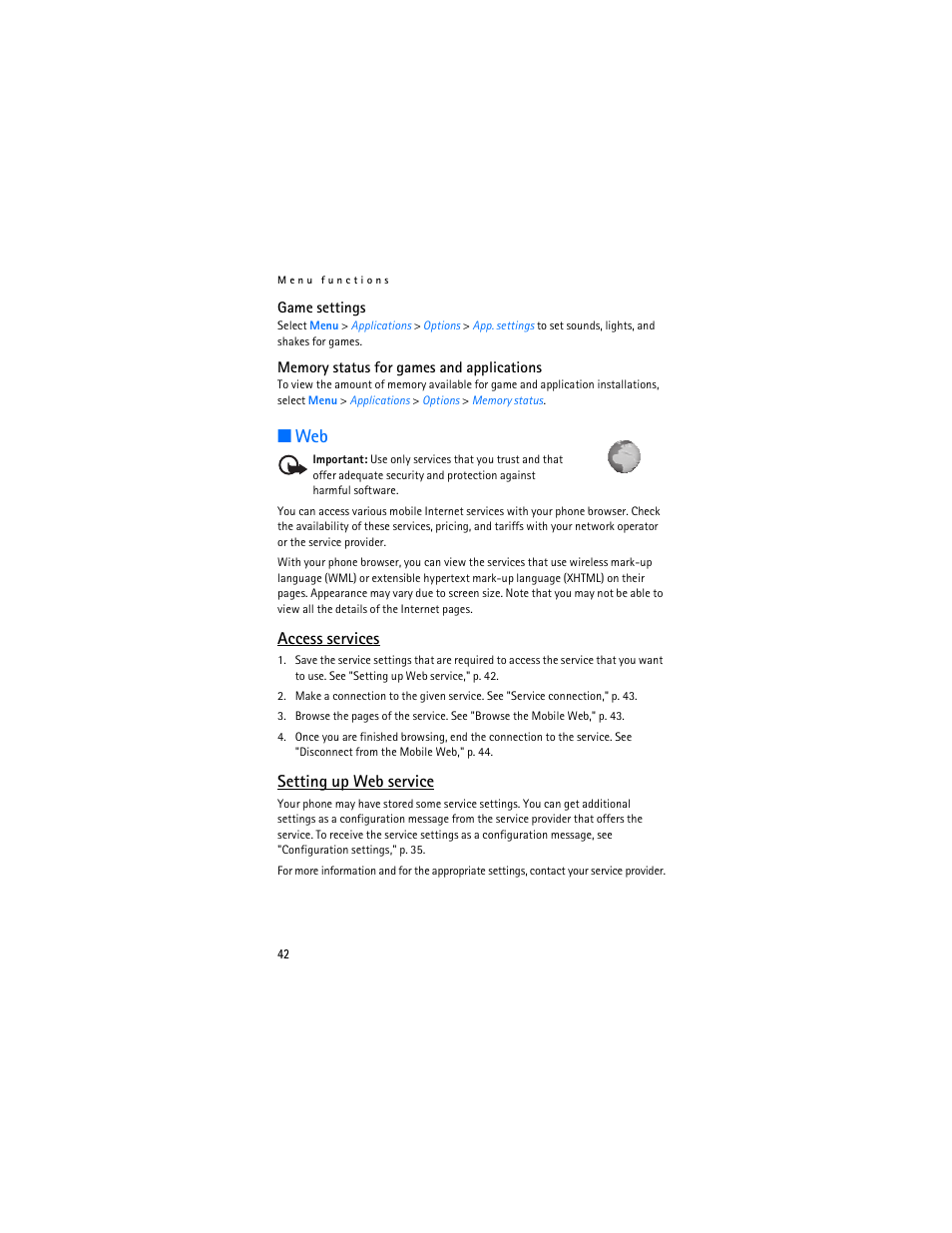Access services, Setting up web service, Access services setting up web service | Nokia 6030 User Manual | Page 43 / 129