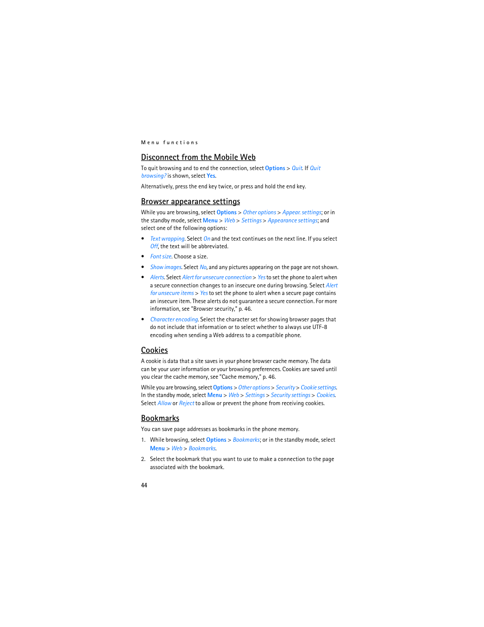 Disconnect from the mobile web, Browser appearance settings, Cookies | Bookmarks, Cookies bookmarks, Disconnect from the mobile web," p. 44 | Nokia 6030 User Manual | Page 45 / 129