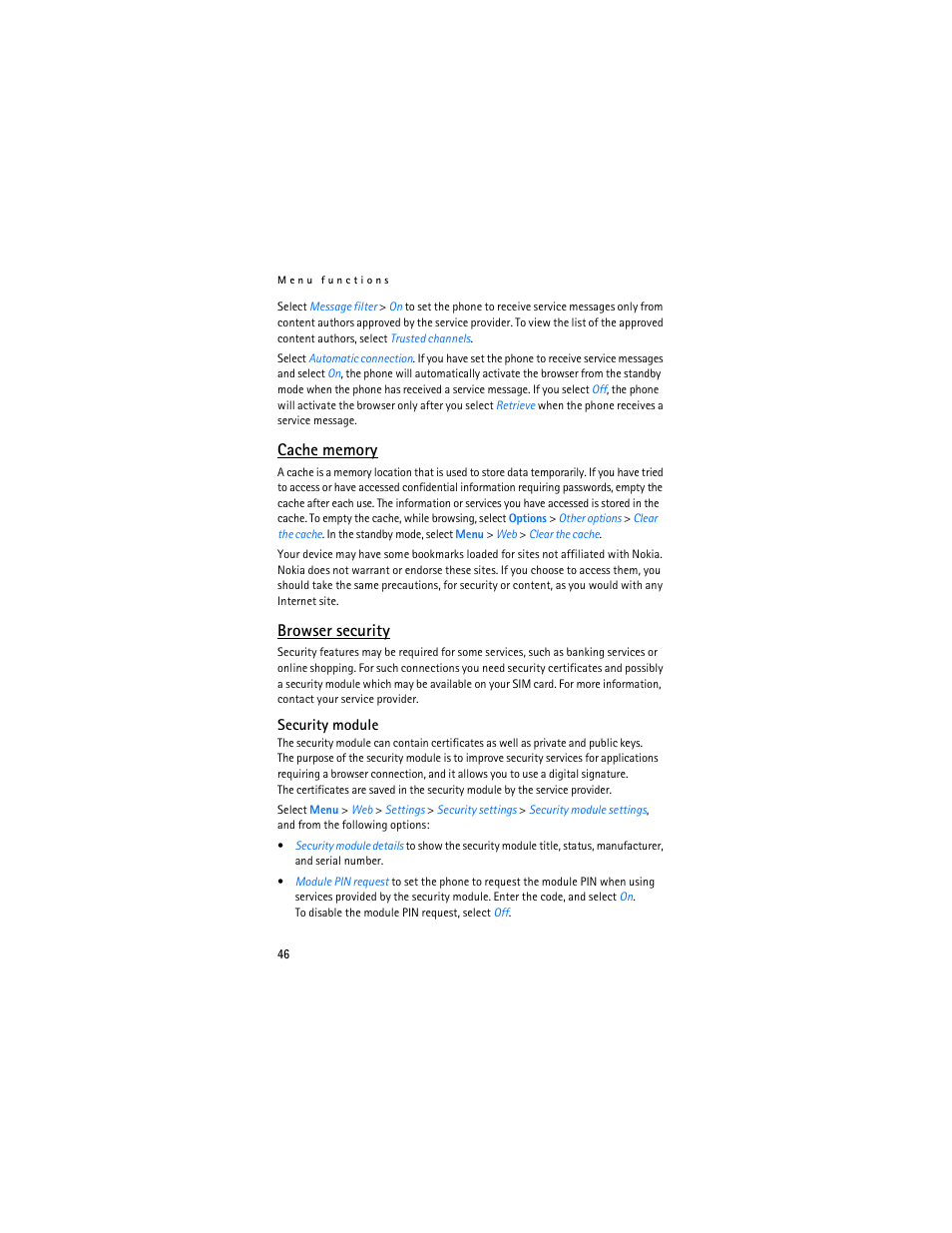 Cache memory, Browser security, Cache memory browser security | Security module," p. 46 | Nokia 6030 User Manual | Page 47 / 129