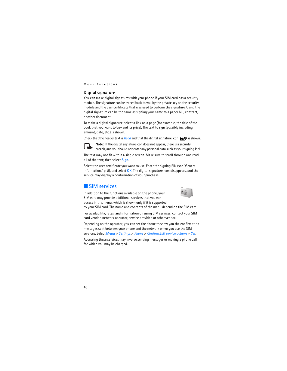 Sim services, Digital signature," p. 48 | Nokia 6030 User Manual | Page 49 / 129
