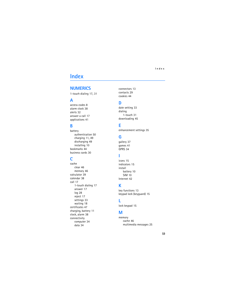 Index, Numerics | Nokia 6030 User Manual | Page 60 / 129
