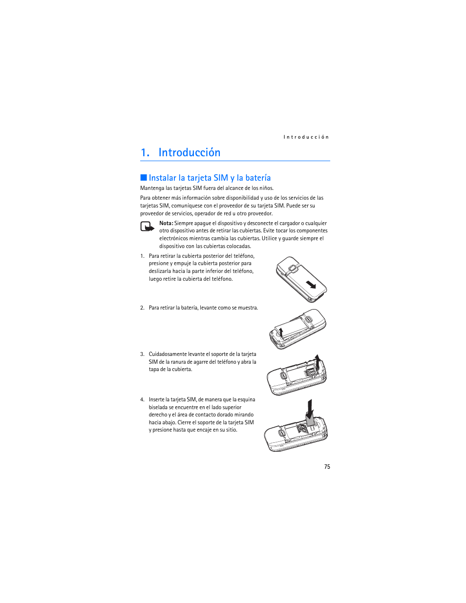 Introducción, Instalar la tarjeta sim y la batería | Nokia 6030 User Manual | Page 76 / 129