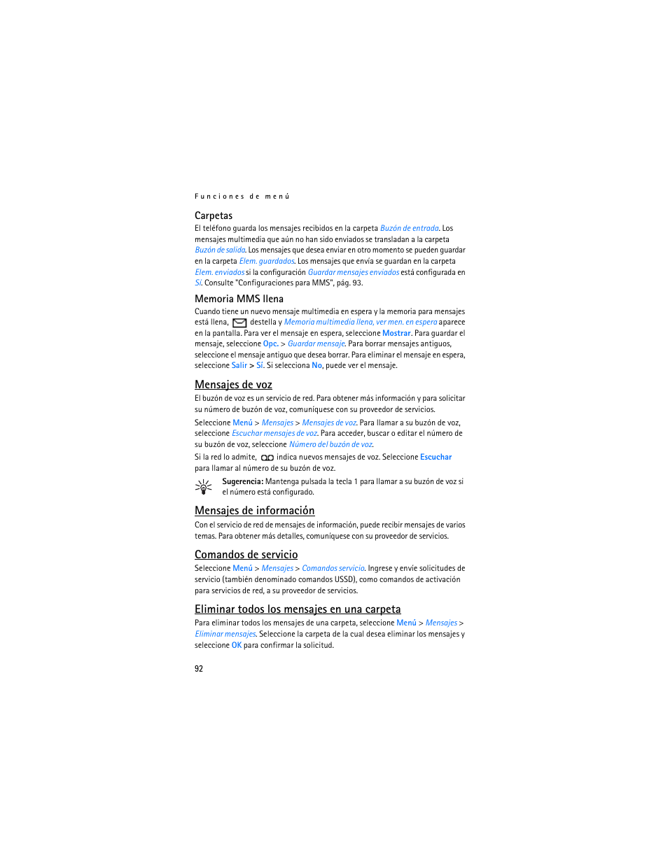 Mensajes de voz, Mensajes de información, Comandos de servicio | Eliminar todos los mensajes en una carpeta, Mensajes de voz", pág. 92 | Nokia 6030 User Manual | Page 93 / 129