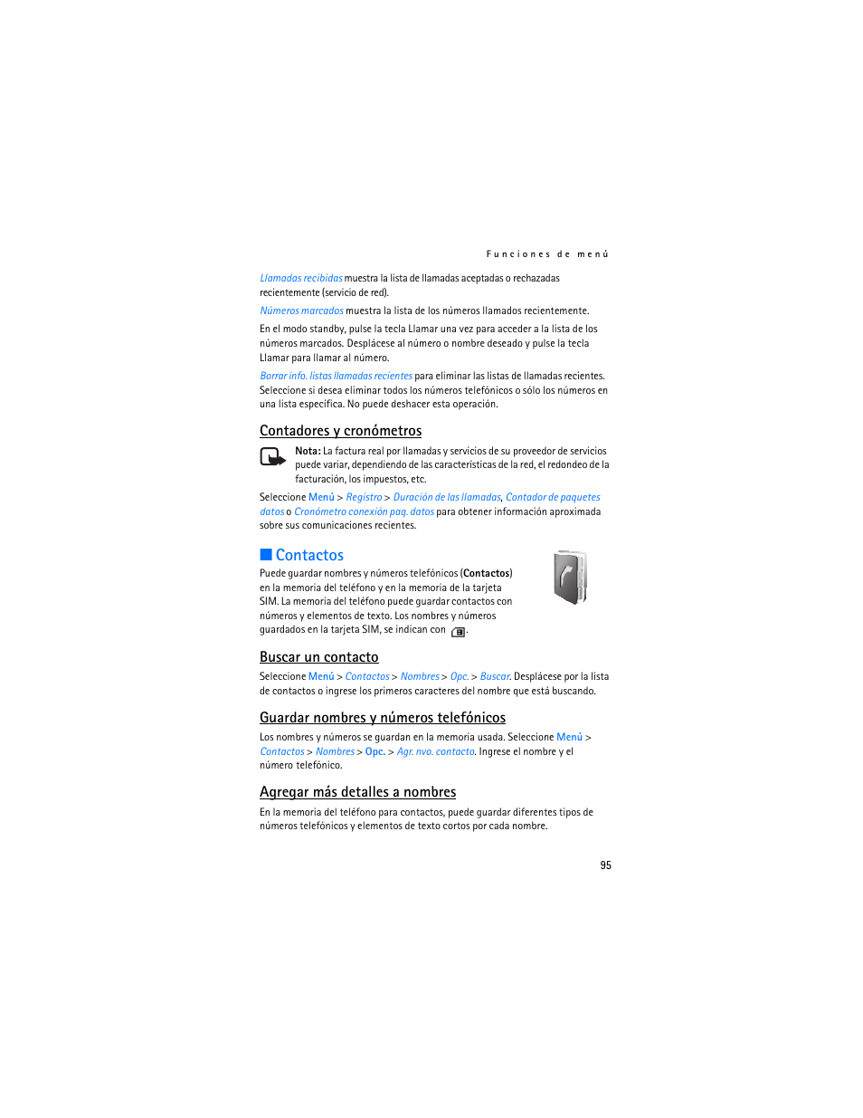 Contadores y cronómetros, Contactos, Buscar un contacto | Guardar nombres y números telefónicos, Agregar más detalles a nombres, Buscar un contacto", pág. 95 | Nokia 6030 User Manual | Page 96 / 129