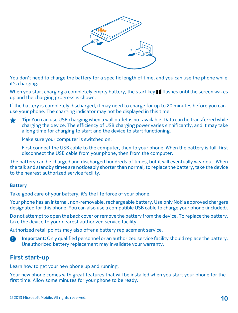 Battery, First start-up | Nokia Lumia 925 User Manual | Page 10 / 123