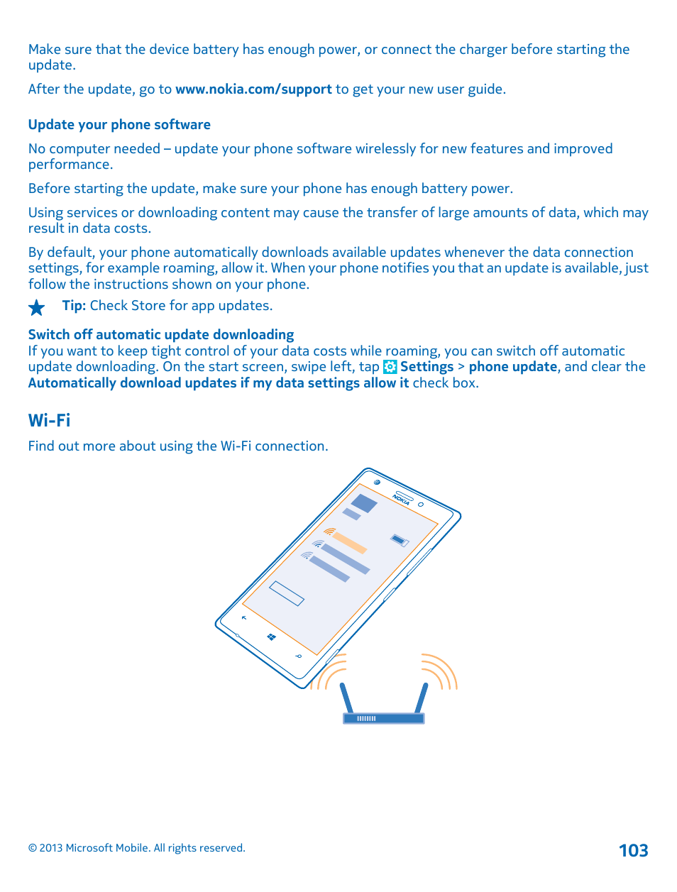 Update your phone software, Wi-fi | Nokia Lumia 925 User Manual | Page 103 / 123