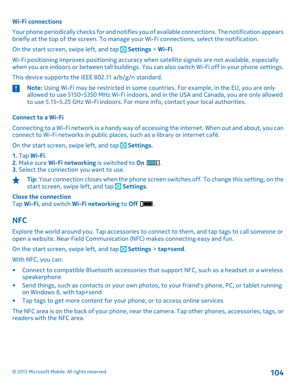 Wi-fi connections, Connect to a wi-fi | Nokia Lumia 925 User Manual | Page 104 / 123