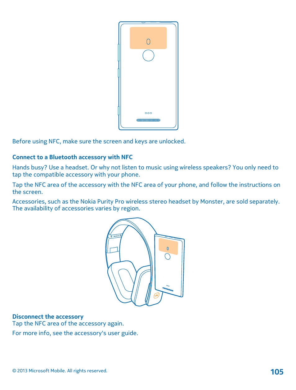 Connect to a bluetooth accessory with nfc | Nokia Lumia 925 User Manual | Page 105 / 123