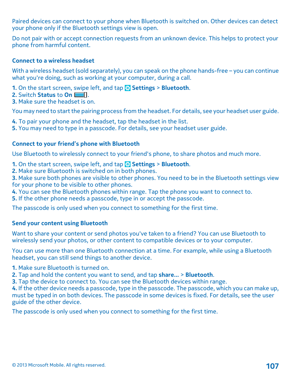 Connect to a wireless headset, Connect to your friend’s phone with bluetooth, Send your content using bluetooth | Nokia Lumia 925 User Manual | Page 107 / 123