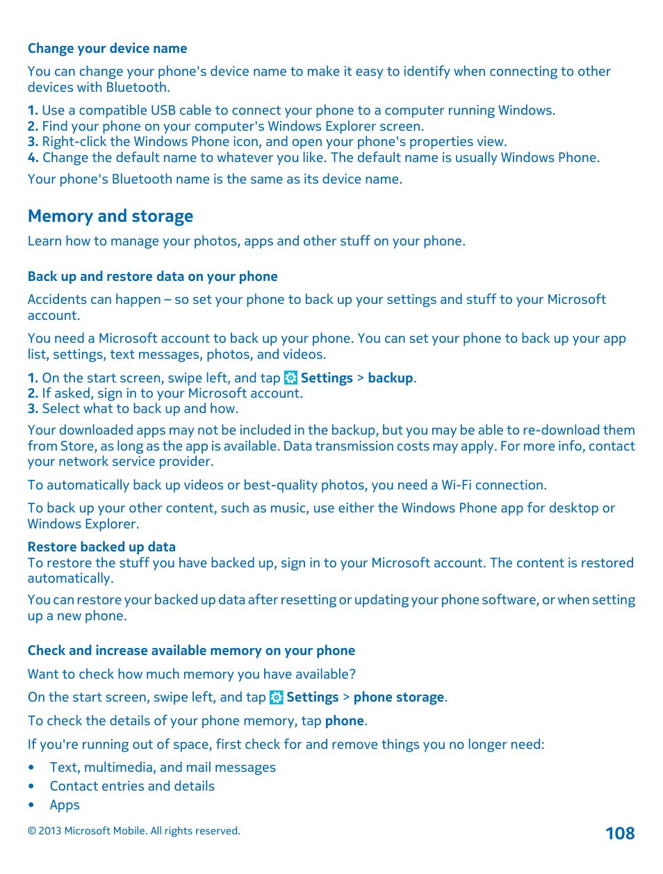 Change your device name, Memory and storage, Back up and restore data on your phone | Check and increase available memory on your phone | Nokia Lumia 925 User Manual | Page 108 / 123