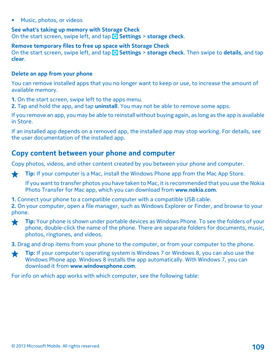 Delete an app from your phone, Copy content between your phone and computer, Copy content between your phone and | Computer | Nokia Lumia 925 User Manual | Page 109 / 123