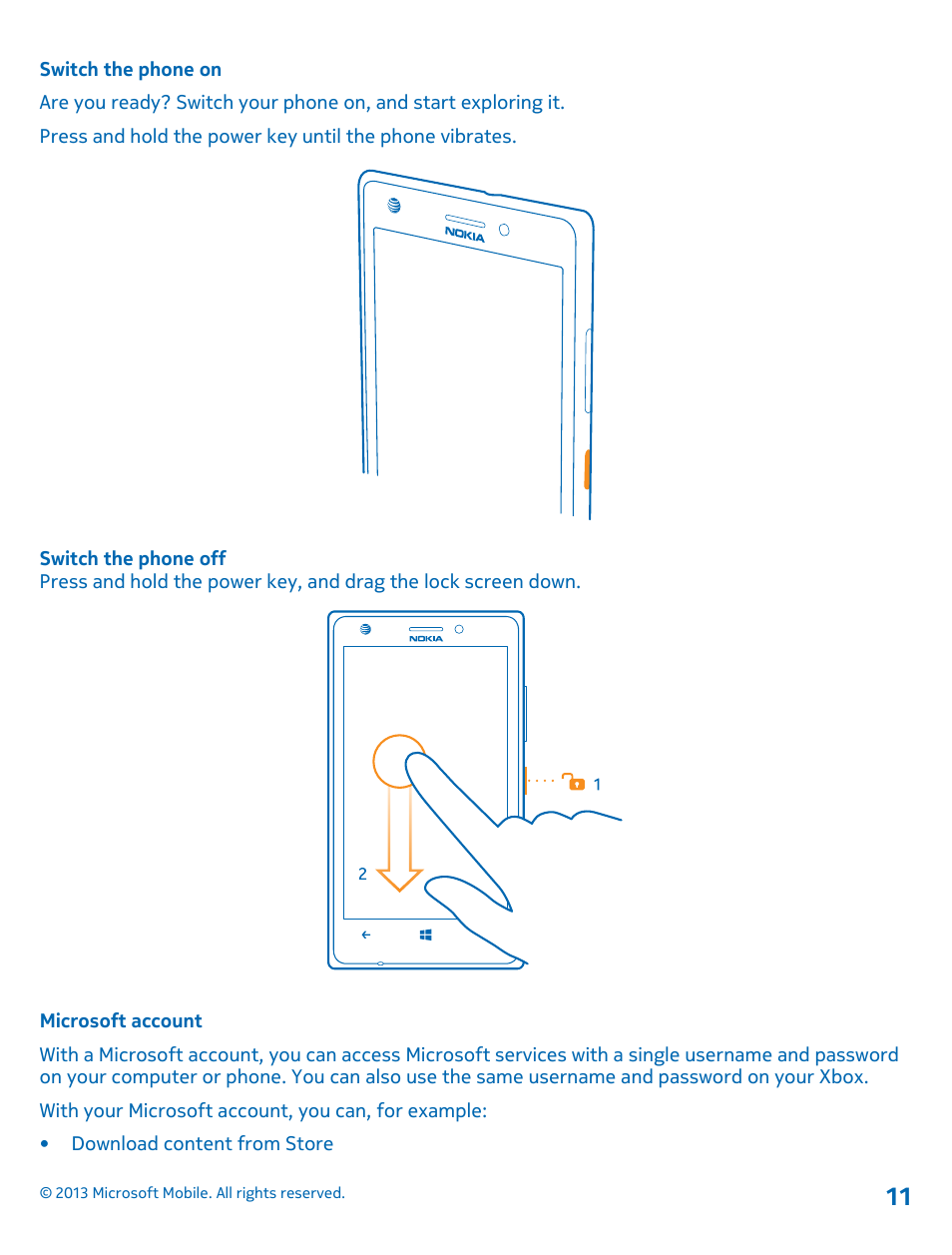 Switch the phone on, Microsoft account | Nokia Lumia 925 User Manual | Page 11 / 123