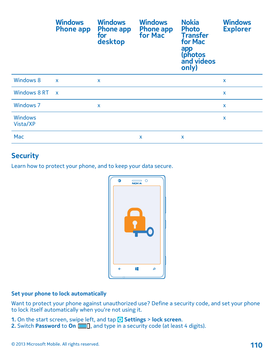 Security, Set your phone to lock automatically | Nokia Lumia 925 User Manual | Page 110 / 123