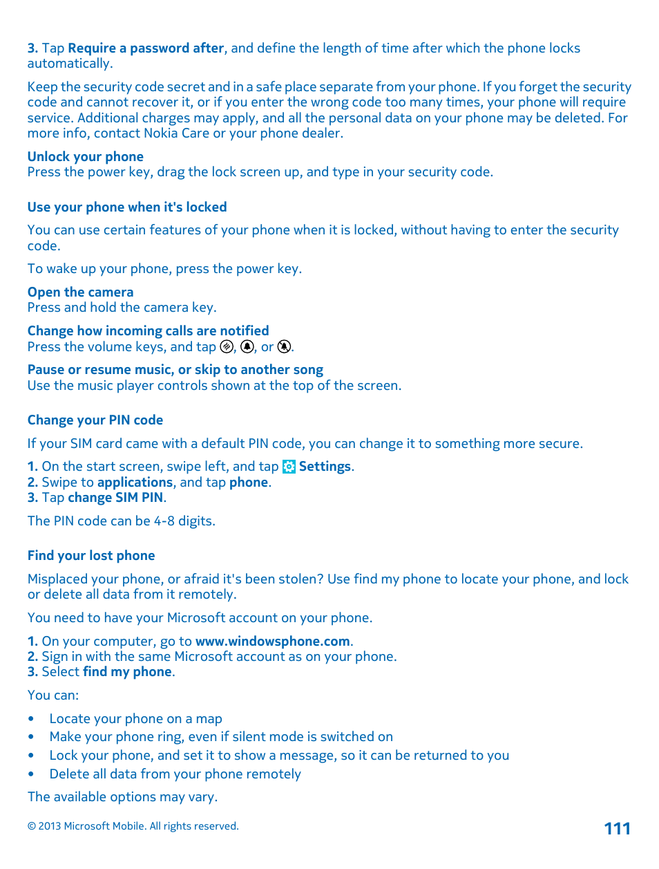 Use your phone when it's locked, Change your pin code, Find your lost phone | Nokia Lumia 925 User Manual | Page 111 / 123