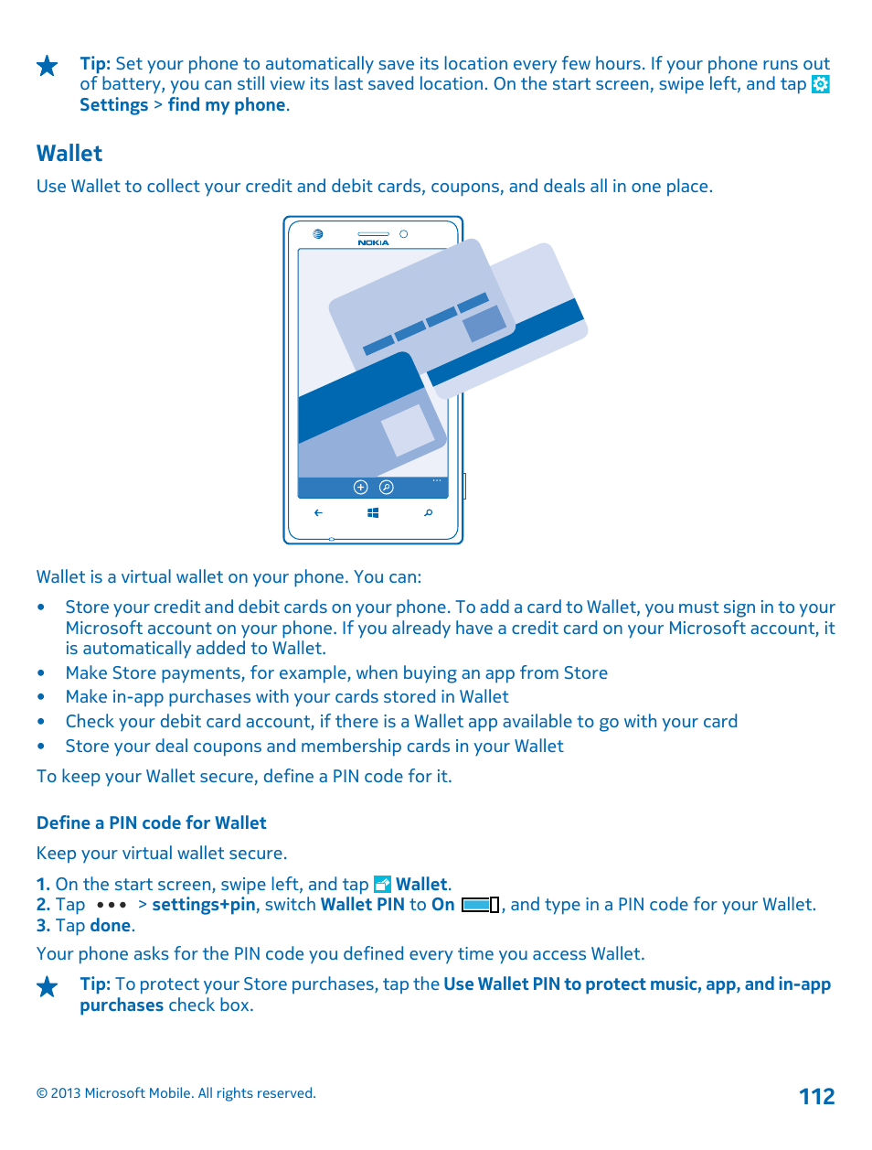 Wallet, Define a pin code for wallet | Nokia Lumia 925 User Manual | Page 112 / 123