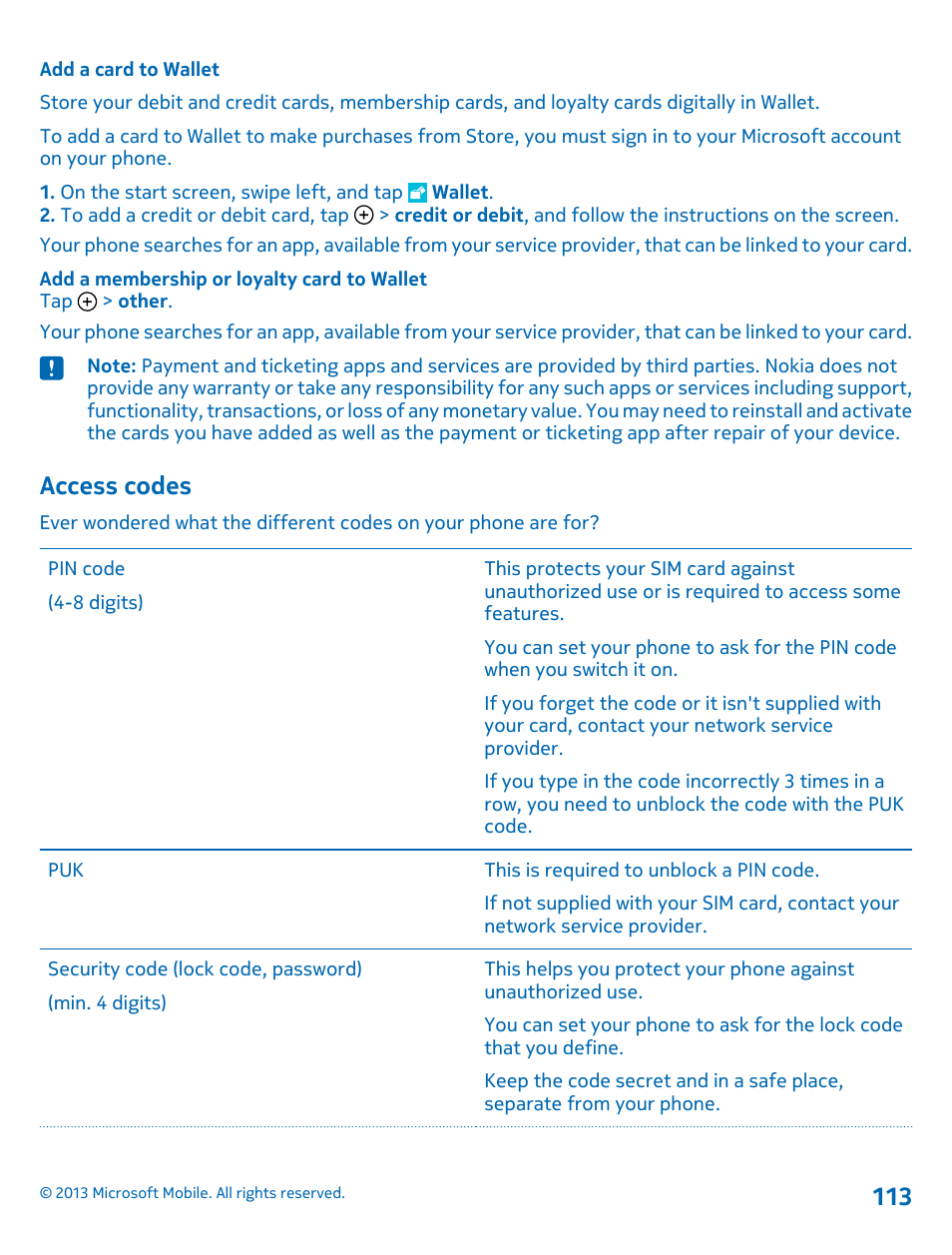 Add a card to wallet, Access codes | Nokia Lumia 925 User Manual | Page 113 / 123