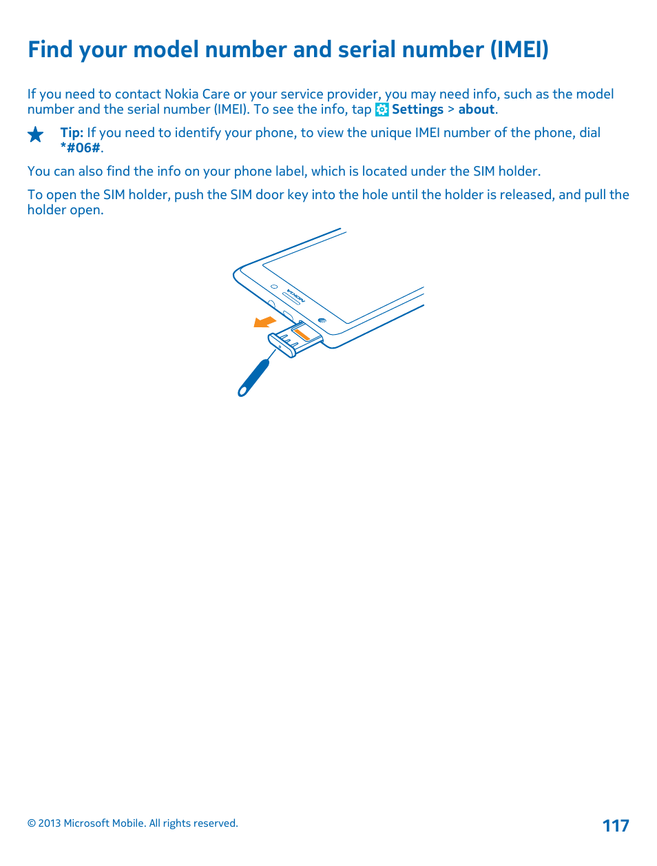 Find your model number and serial number (imei), Find your model number and serial, Number (imei) | Nokia Lumia 925 User Manual | Page 117 / 123