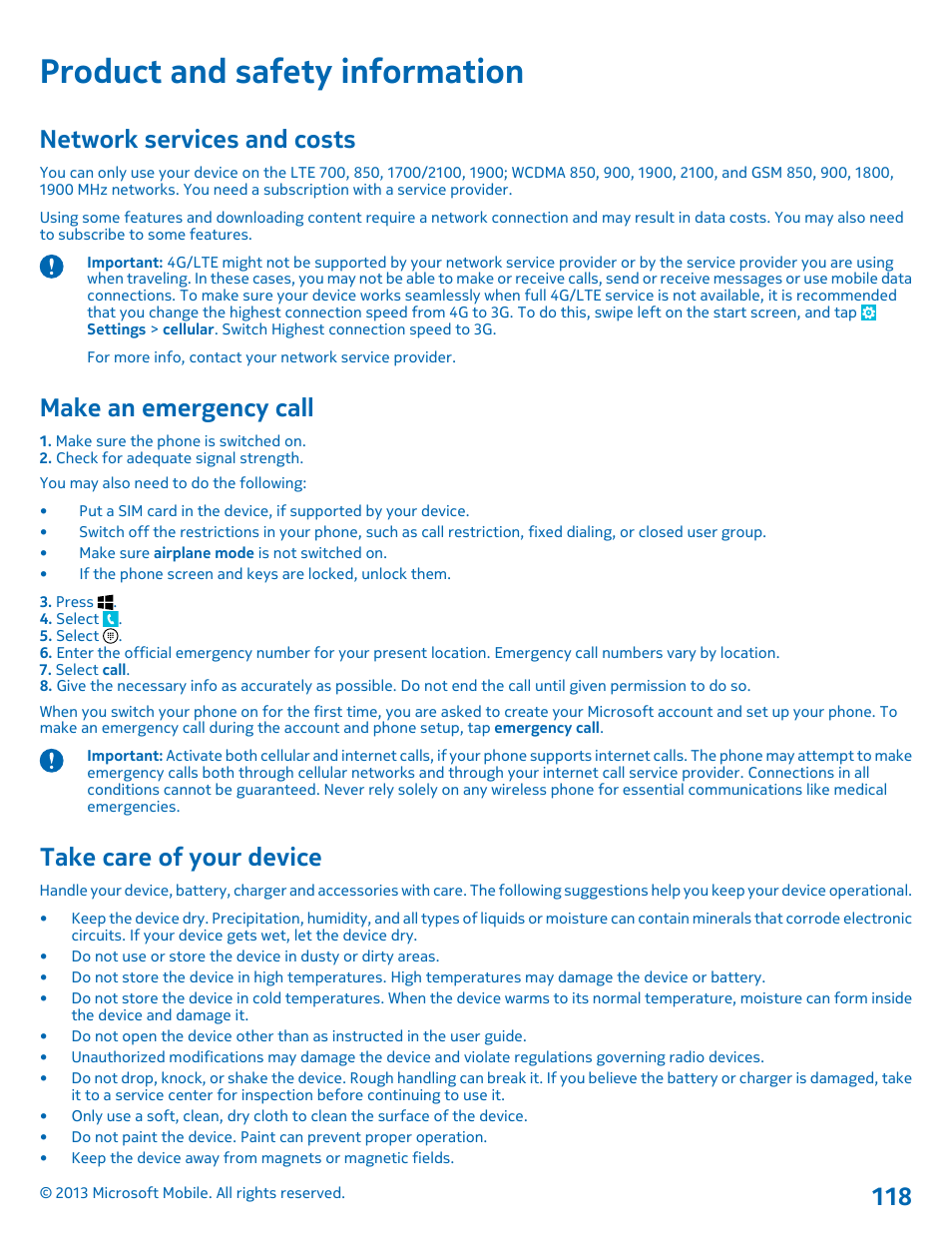 Product and safety information, Network services and costs, Make an emergency call | Take care of your device | Nokia Lumia 925 User Manual | Page 118 / 123