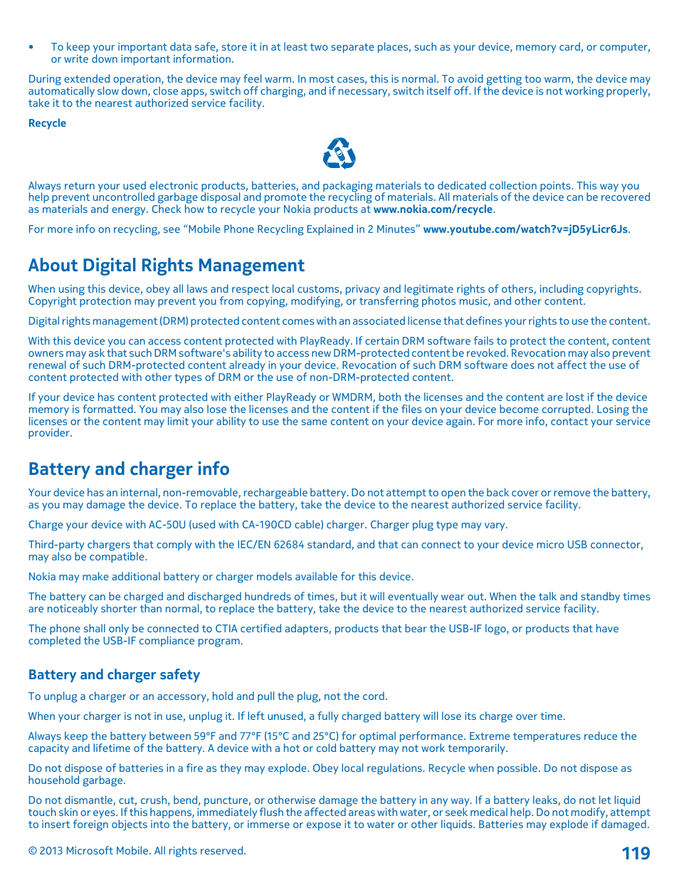 About digital rights management, Battery and charger info, Battery and charger safety | Nokia Lumia 925 User Manual | Page 119 / 123