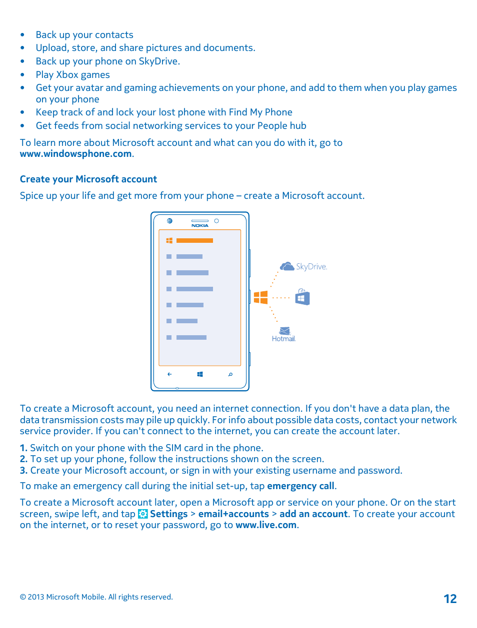 Create your microsoft account | Nokia Lumia 925 User Manual | Page 12 / 123