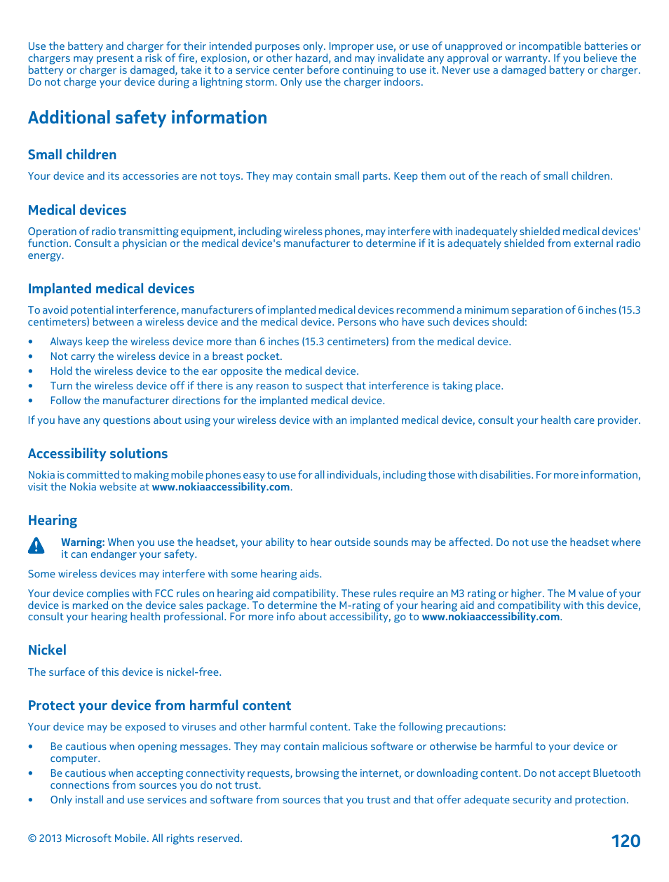 Additional safety information, Small children, Medical devices | Implanted medical devices, Accessibility solutions, Hearing, Nickel, Protect your device from harmful content | Nokia Lumia 925 User Manual | Page 120 / 123