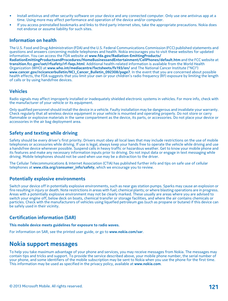 Information on health, Vehicles, Safety and texting while driving | Potentially explosive environments, Certification information (sar), Nokia support messages | Nokia Lumia 925 User Manual | Page 121 / 123