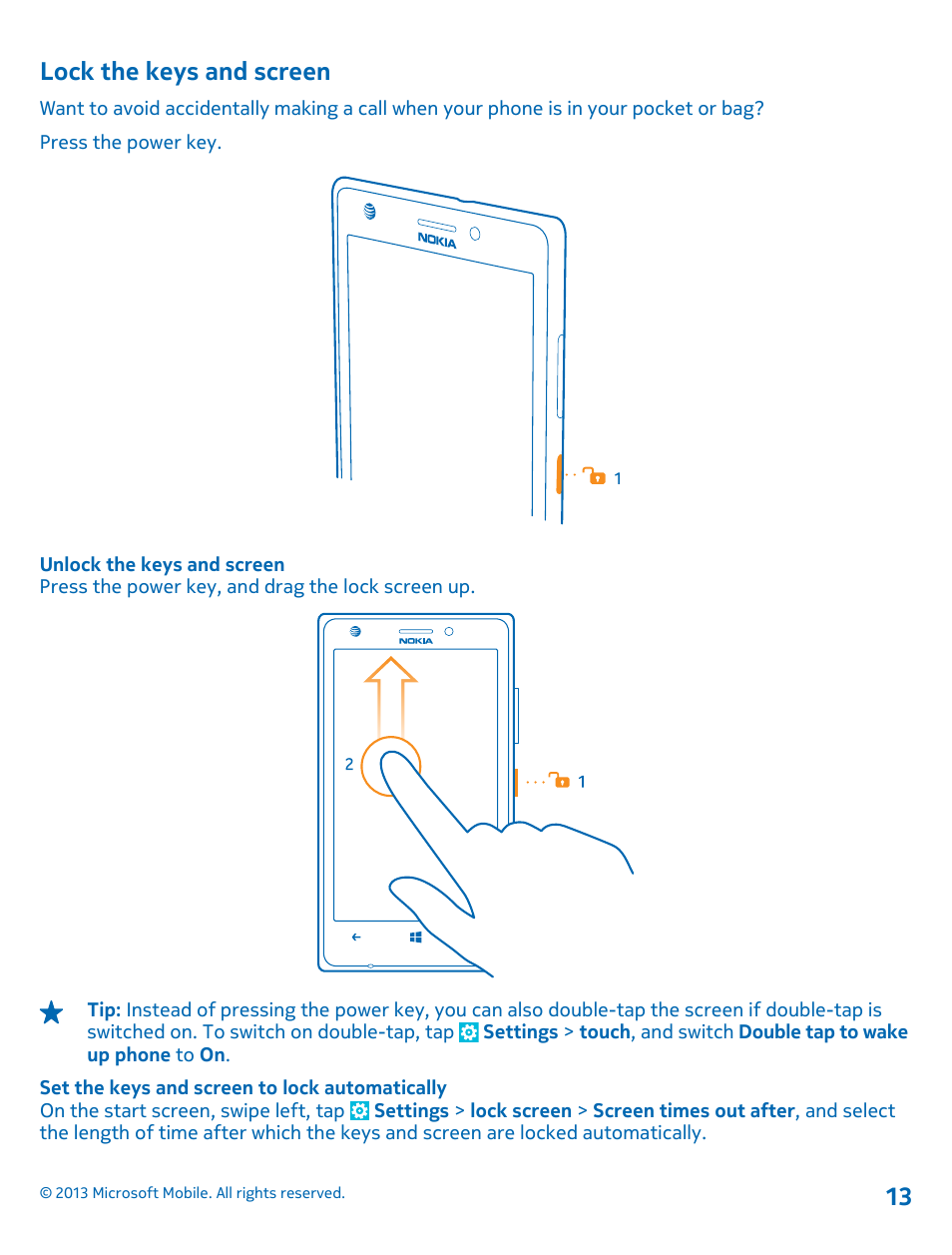 Lock the keys and screen | Nokia Lumia 925 User Manual | Page 13 / 123