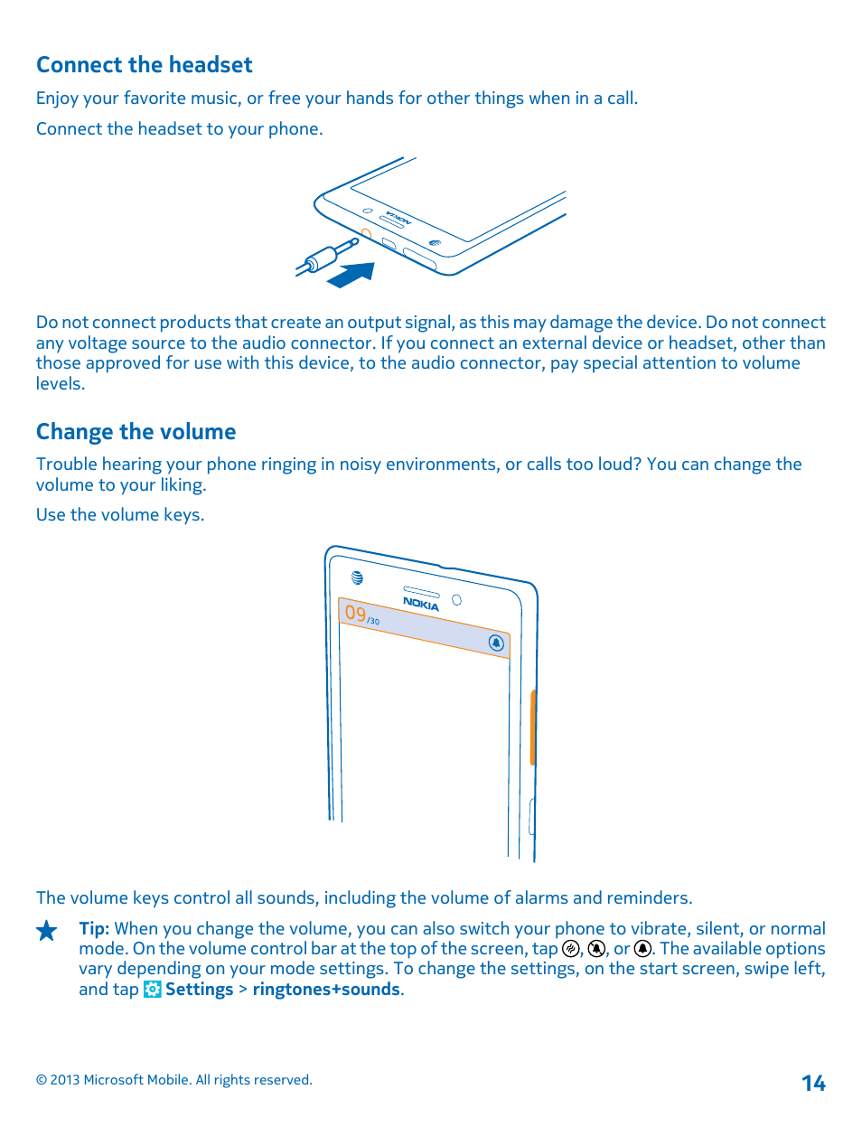 Connect the headset, Change the volume | Nokia Lumia 925 User Manual | Page 14 / 123