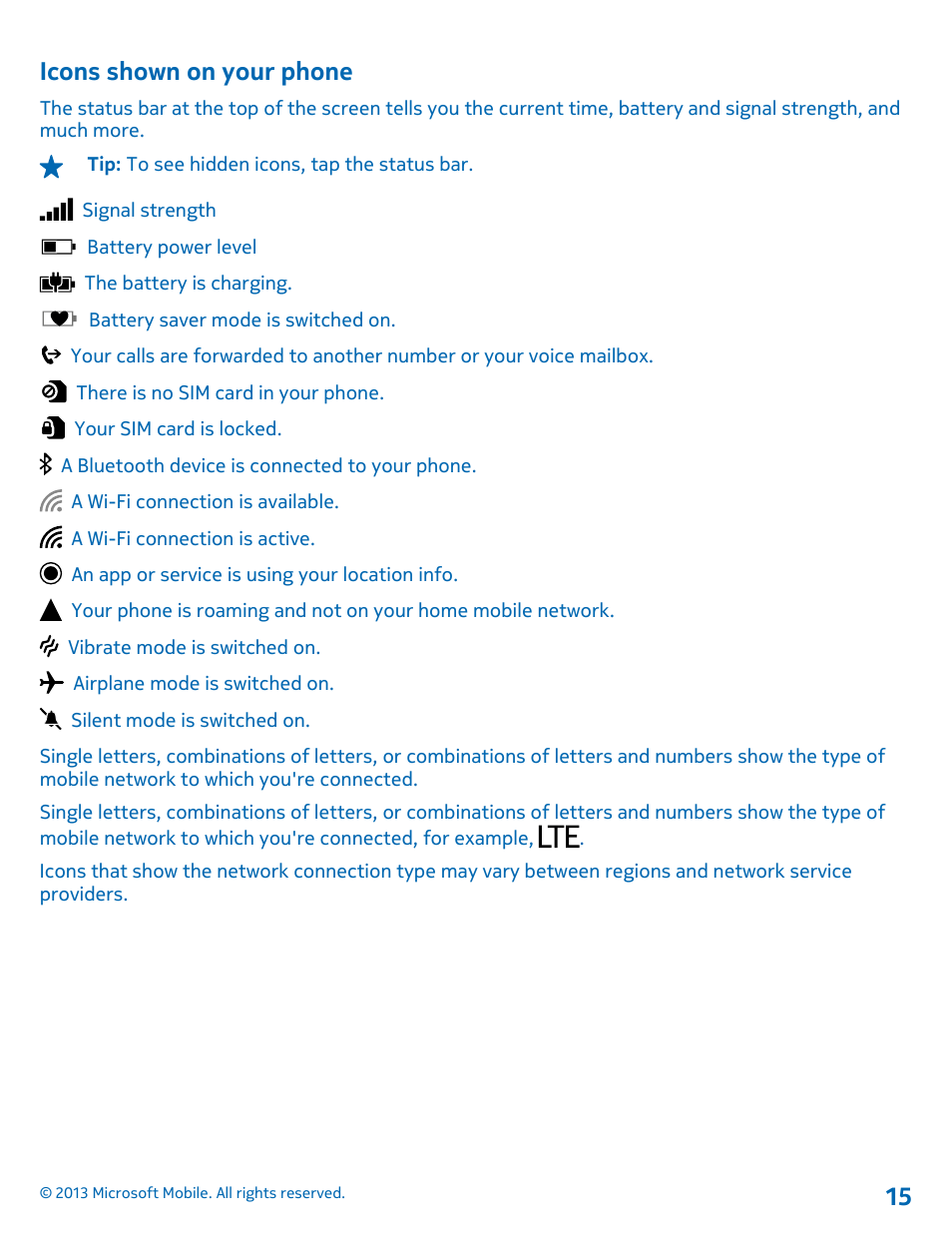 Icons shown on your phone | Nokia Lumia 925 User Manual | Page 15 / 123