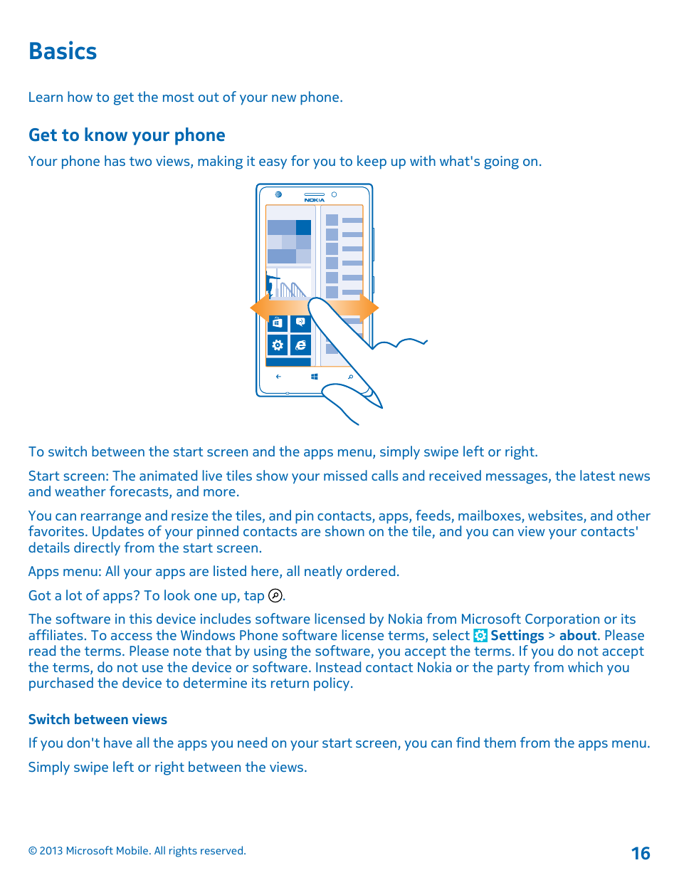 Basics, Get to know your phone, Switch between views | Nokia Lumia 925 User Manual | Page 16 / 123