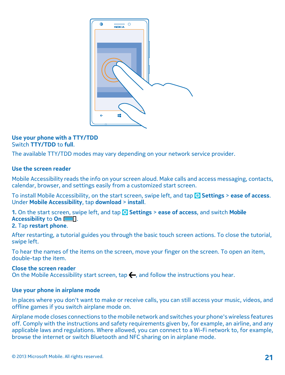 Use the screen reader, Use your phone in airplane mode | Nokia Lumia 925 User Manual | Page 21 / 123